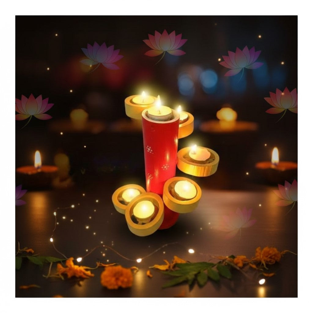 Areva Bamboo Diya Stand Decoration Items for Home - Traditional Unique Design - Hand Crafted by Artisans (Height 9 Inches, 6 + 1 Diya Holders) (Red)