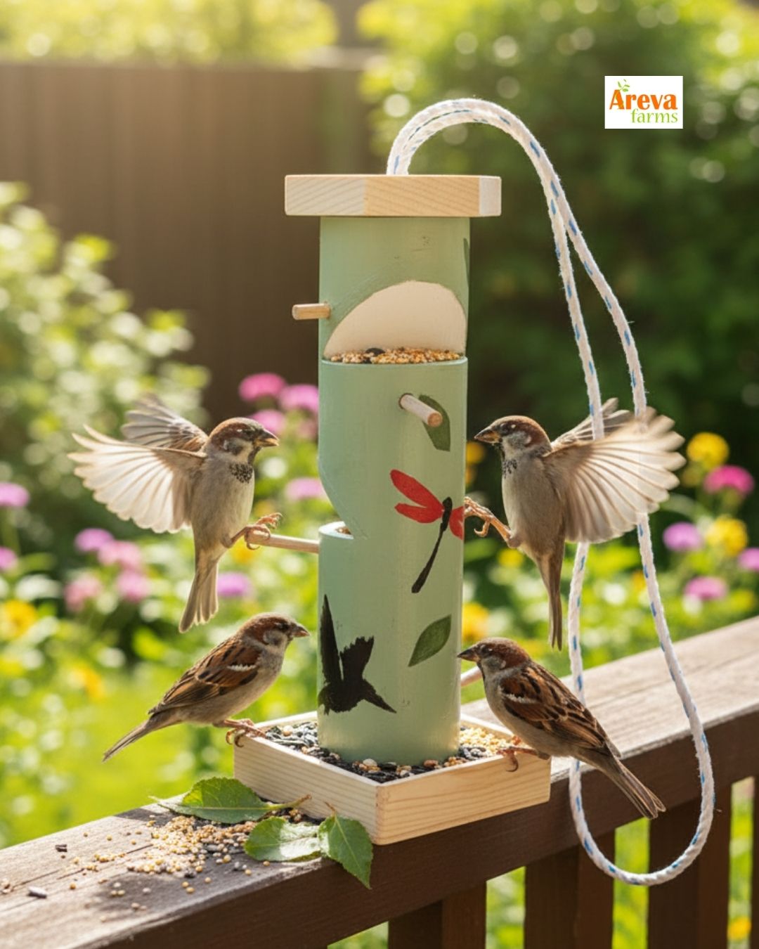 Sparrow Feeder with Free Feed | Ideal for Sparrows, Bulbuls & Finches | Keeps away pigeons, crows, eagles | Balcony, Garden & Home | Made from Bamboo, Wood | Dry feed only (Light green)