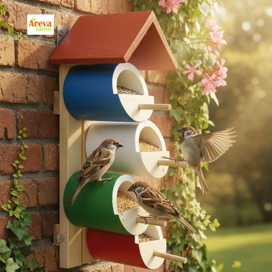 Pocket Feeder with Free Bird Feed | Designed to feed small birds – Bulbul, Sparrows, Flinches |Keeps away large pigeons, crows, eagles | Balcony, Garden & Home | Made from Bamboo, Wood | Dry feed only