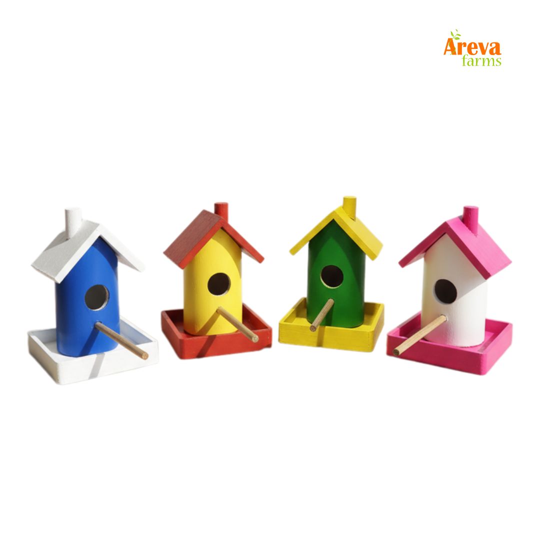 Set of 4 Wooden Bird House Feeders | Colorful Hanging Birdhouses for Balcony, Garden & Home Décor