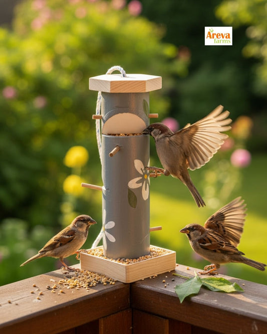 Sparrow Feeder with Free Feed | Ideal for Sparrows, Bulbuls & Finches | Keeps away pigeons, crows, eagles | Balcony, Garden & Home | Made from Bamboo, Wood | Dry feed only (Light green)