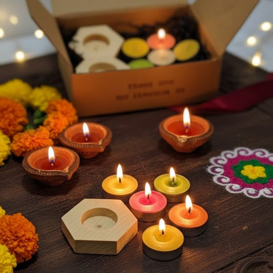 Eco-Friendly Tealight Candle Gift Set | 10 Scented Tealight Candles with 2 Free Hexagon Bamboo Candle Holders