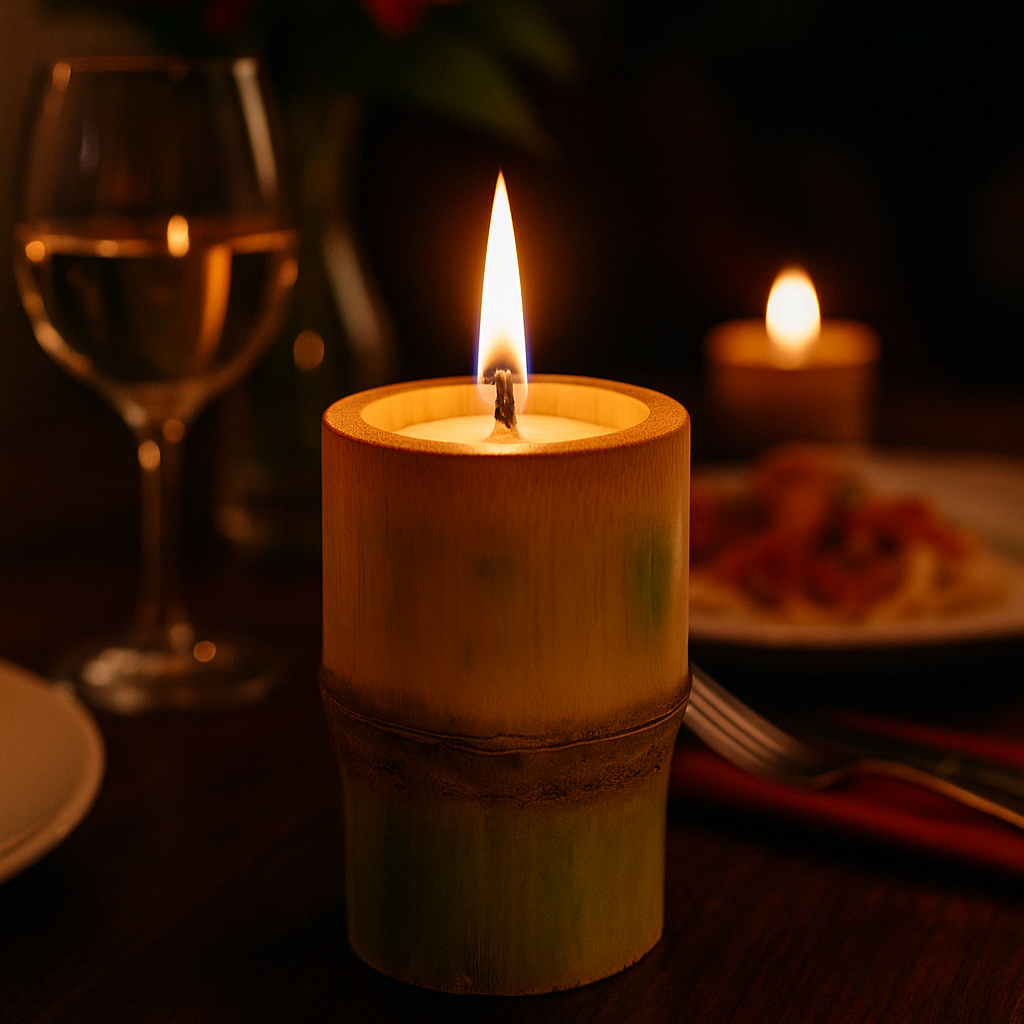 Candle on a table with a glass of wine and a plate of food in the background