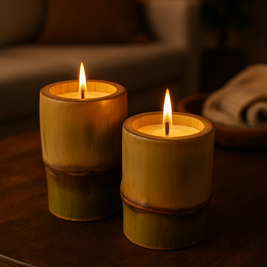 Two bamboo candles on a wooden table in a dimly lit room.
