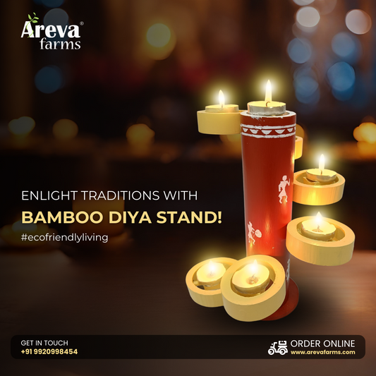 Areva Bamboo Diya Stand Decoration Items for Home - Traditional Unique Design - Hand Crafted by Artisans (Height 9 Inches, 6 + 1 Diya Holders) (Terracotta)