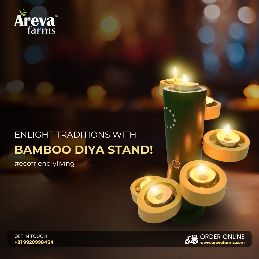 Areva Bamboo Diya Stand Decoration Items for Home - Traditional Unique Design - Hand Crafted by Artisans (Height 9 Inches, 6 + 1 Diya Holders) (Green)