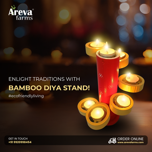 Areva Bamboo Diya Stand Decoration Items for Home - Traditional Unique Design - Hand Crafted by Artisans (Height 9 Inches, 6 + 1 Diya Holders) (Red)