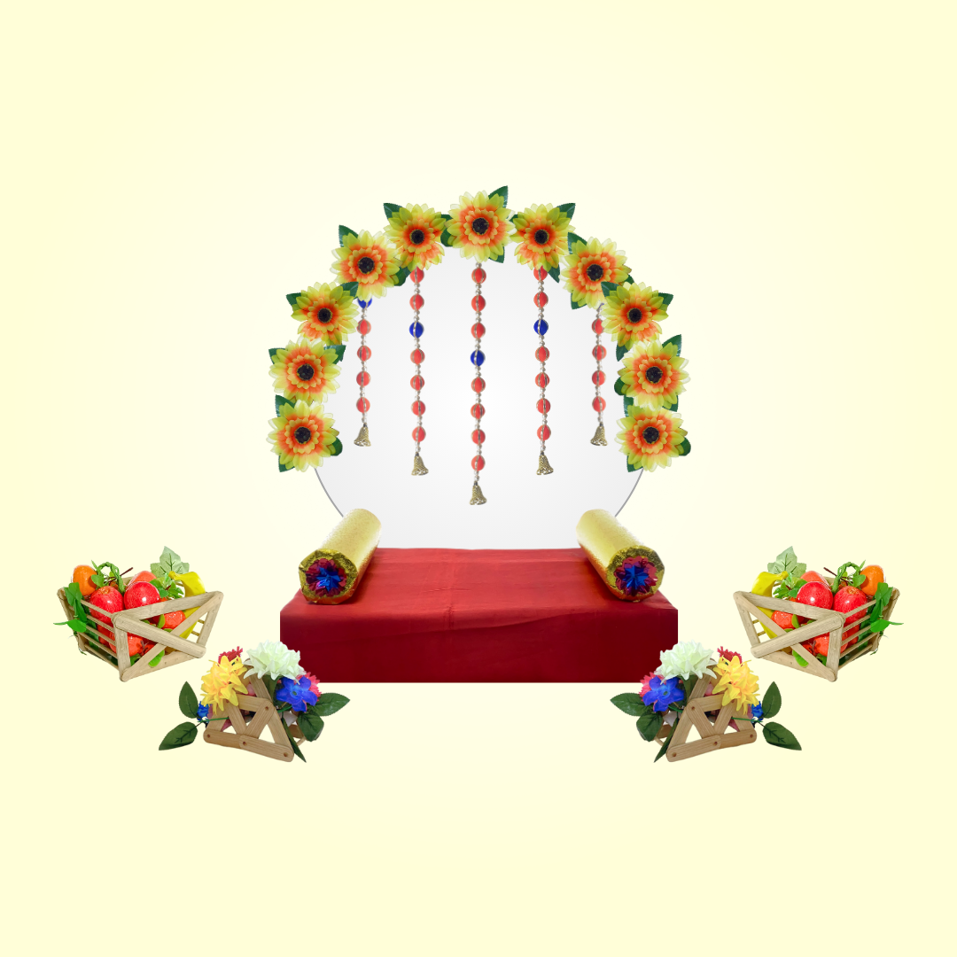 Eco-Friendly Ganpati Makhar Décor Kit - Style 01 | 1 Complete Makhar Unit + 2 Free Fruit Baskets + 2 Free Flower Baskets