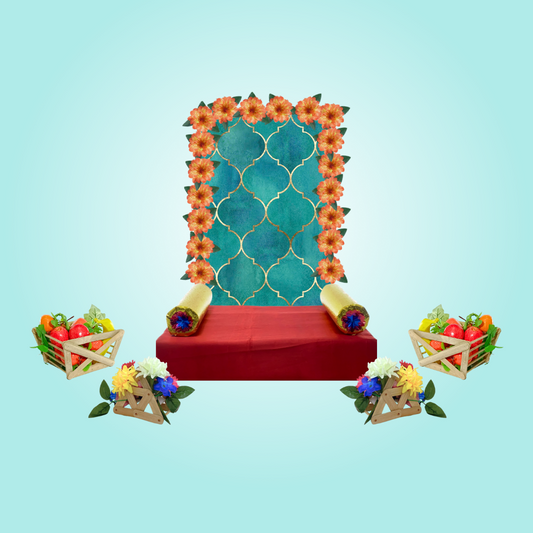 Eco-Friendly Ganpati Makhar Décor Kit - Style 05 | 1 Complete Makhar Unit + 2 Free Fruit Baskets + 2 Free Flower Baskets