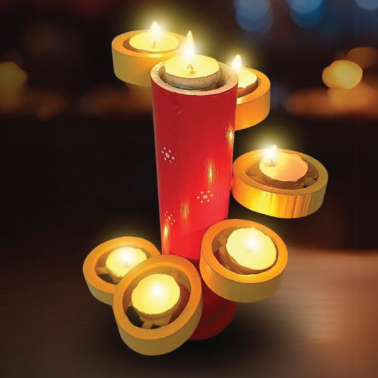 Areva Bamboo Diya Stand Decoration Items for Home - Traditional Unique Design - Hand Crafted by Artisans (Height 9 Inches, 6 + 1 Diya Holders) (Red)