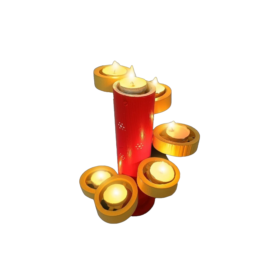 Areva Bamboo Diya Stand Decoration Items for Home - Traditional Unique Design - Hand Crafted by Artisans (Height 9 Inches, 6 + 1 Diya Holders) (Red)